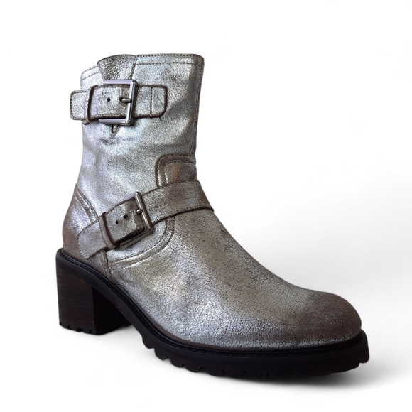 SEYCHELLES Distressed Pewter Moto Combat Chunky Ankle Biker Boot Cowboy Carter - Picture 3 of 10